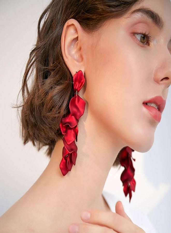 ZENCHEER Long Acrylic Rose Petal Clip on Dangle Earrings, 14K Gold Plated Chunky Statement Flower Earrings Clips Minimalist Hypoallergenic Floral Tassel Earrings for Non Pierced Eears - Image 3